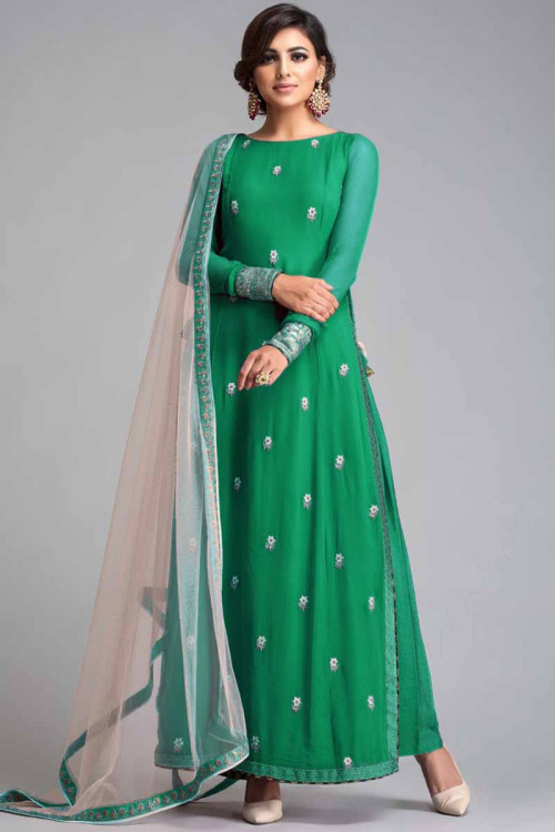 Eid Special Sea Green Crepe Eid Trouser Suit With Resham Work