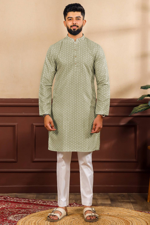 Greenish Grey Art Silk Men's Kurta Pajama With Printed Work