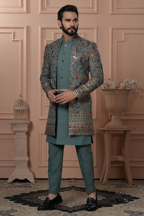 Greenish Grey Art Silk Men's Sherwani With Embroidered Jacket 