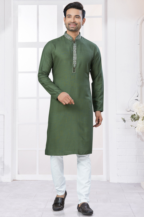 Greenish Grey Cotton Embroidered Straight Cut Men's Kurta Pajama 