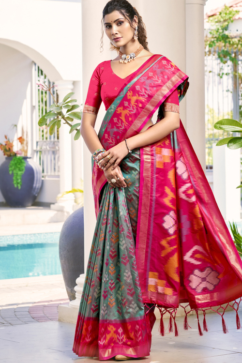 Greenish Grey Cotton Silk Weaved Broad Border Saree 