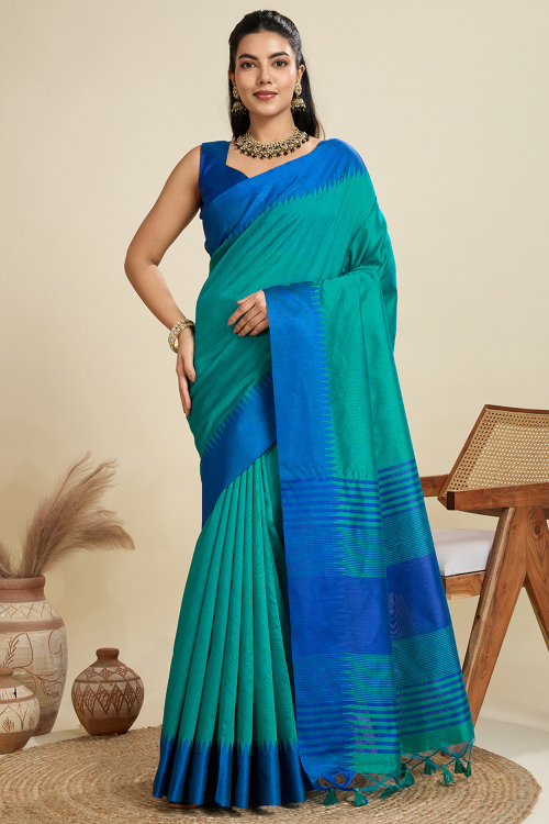Greenish Grey Cotton Silk Weaved Thread Saree For Festival 