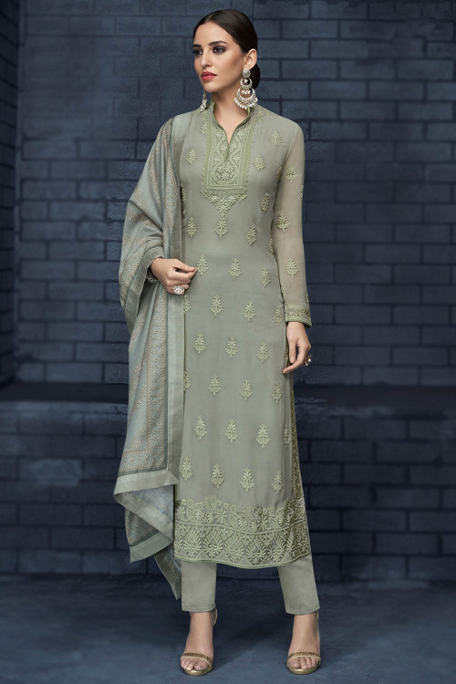 Greenish Grey Georgette Embroidered Straight Cut Trouser Suit