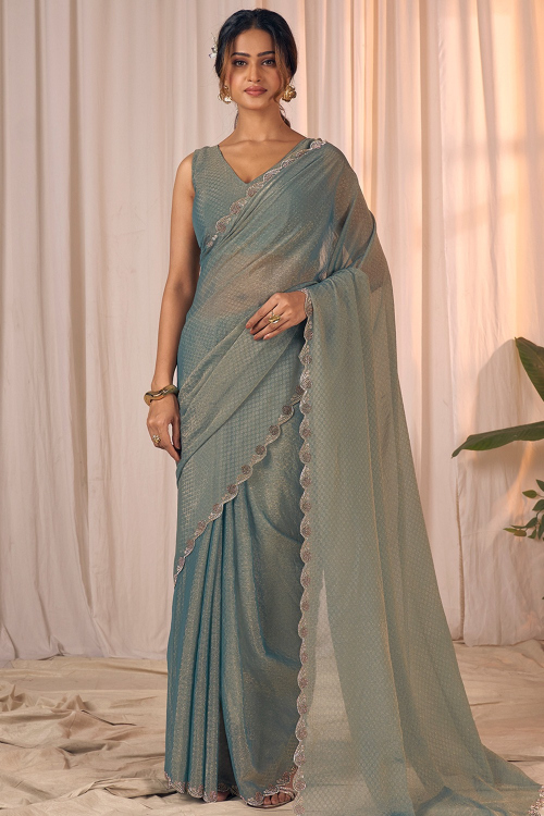Greenish Grey Georgette Shimmer Saree With Stone Work For Festival 