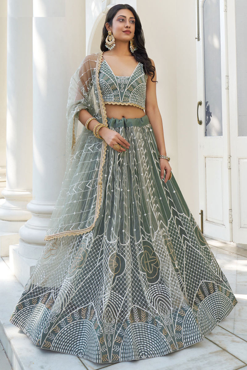 Greenish Grey Net Embroidered A-Line Lehenga