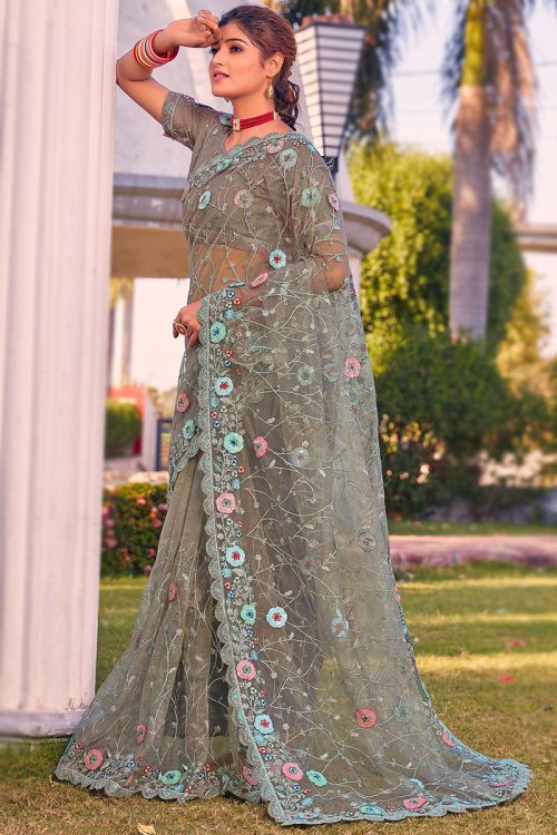 Greenish Grey Net Sequins Embroidered Saree