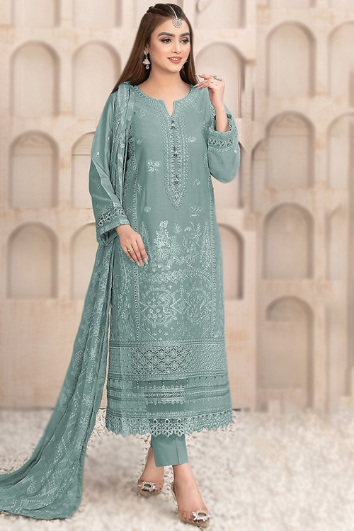 Greenish Grey Organza Embroidered Straight Cut Trouser Suit