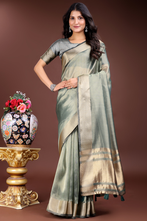 Greenish Grey Organza Woven Zari Regional Saree 