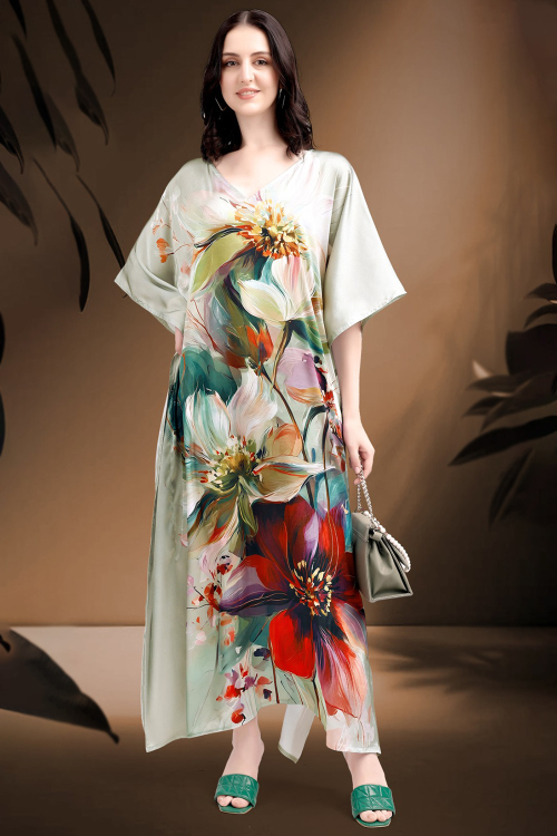 Greenish Grey Satin Kaftan With Printed Work