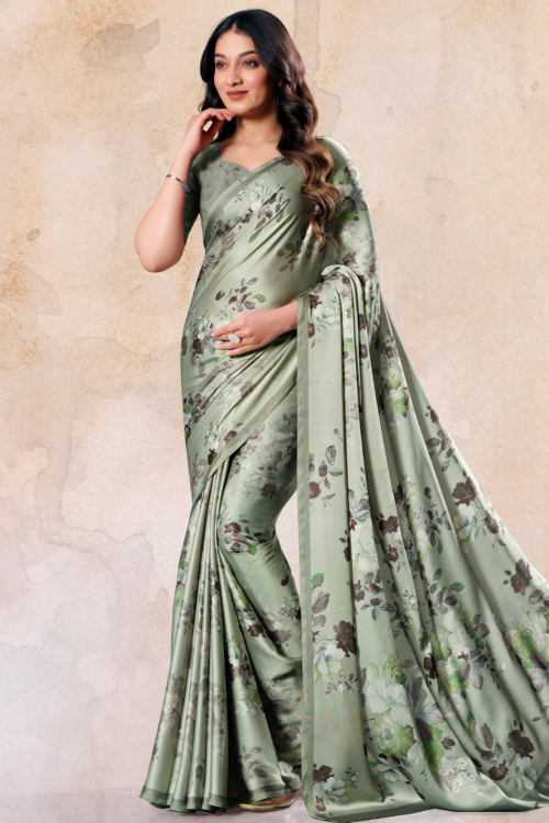 Greenish Grey Satin Saree With Printed Work For Casual Wear