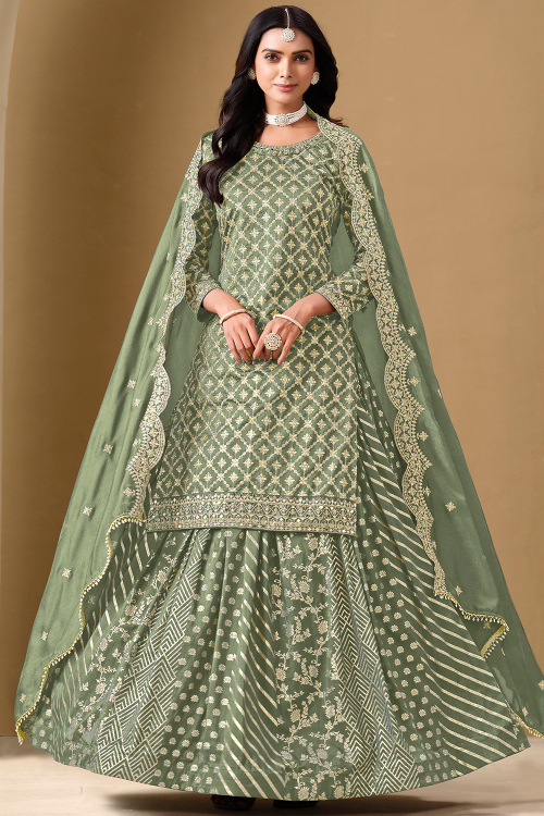 Greenish Grey Silk Blend Lehenga with Woven Zari Work for Wedding Wear