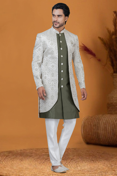 Greenish Grey Silk Weaved Jacket Style Men's Sherwani