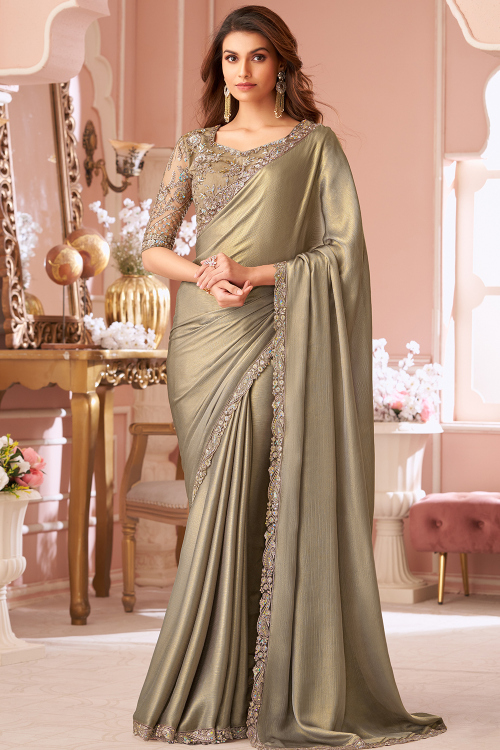 Greenish Grey Tissue Saree with Sequins Work for Diwali 
