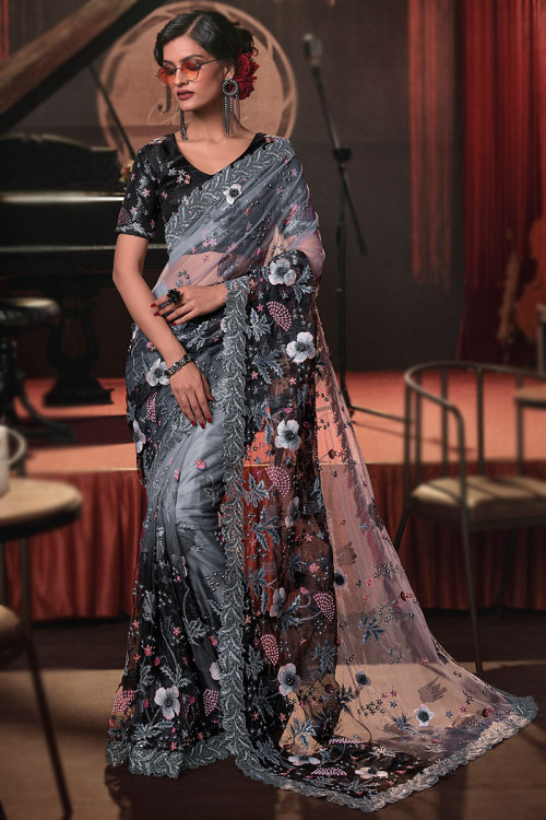 Grey And Black Embellished Net Ombre Saree 