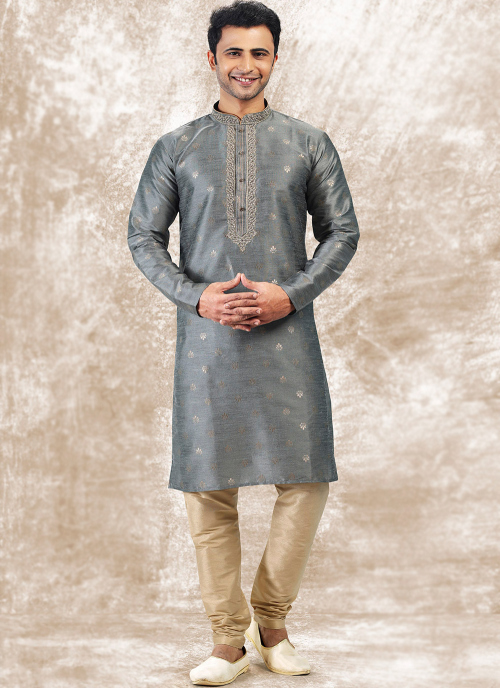 Grey Art Silk Men's Kurta Churidar With Weaved Work