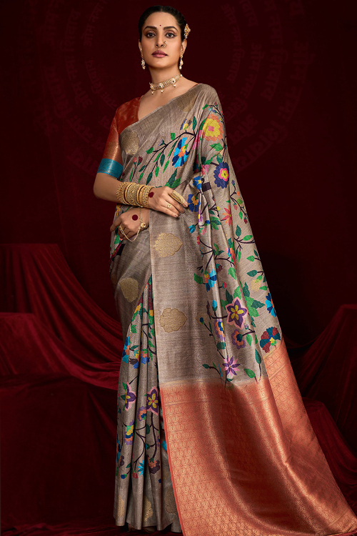 Grey Beige Art Silk Broad Border Saree With Weaved Work For Festival
