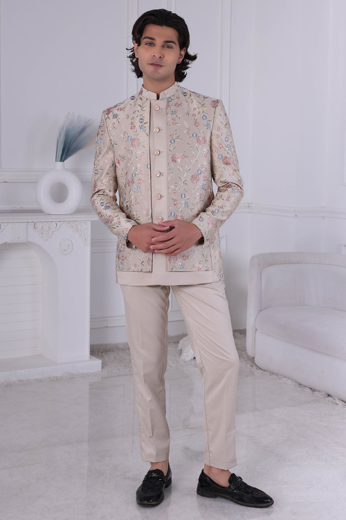 Grey Beige Art Silk Embroidered Jodhpuri Style Men's Sherwani