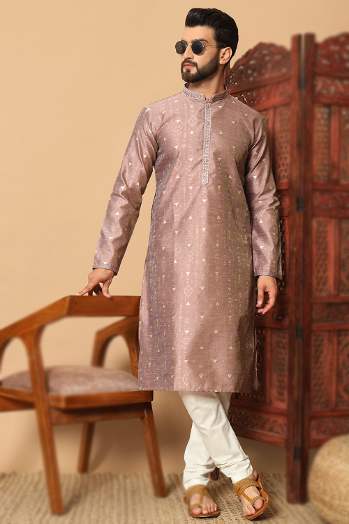 Grey Beige Art Silk Men's Kurta Pajama With Weaved Work