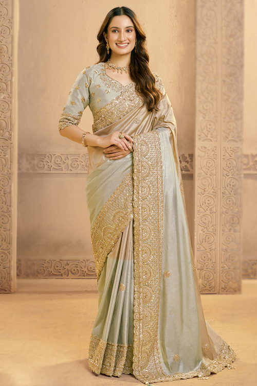 Grey Beige Art Silk Shimmer Saree With Zari Work For Festival