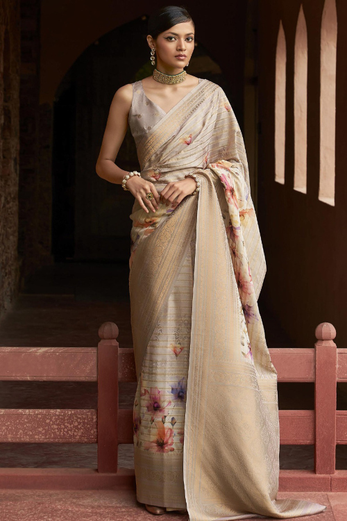 Grey Beige Artificial Silk Woven Zari Broad Border Saree 