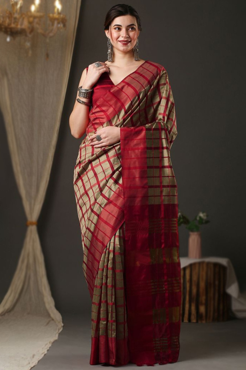 Grey Beige Casual Wear Weaved Zari Lightweight Silk Saree 