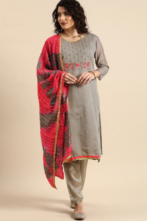 Grey Beige Chanderi Silk Straight Cut Trouser Suit