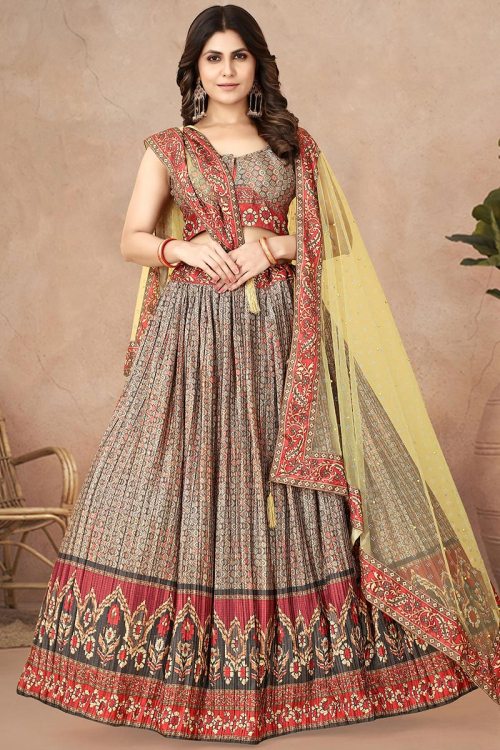Grey Beige Chinnon Silk Flared Printed Lehenga