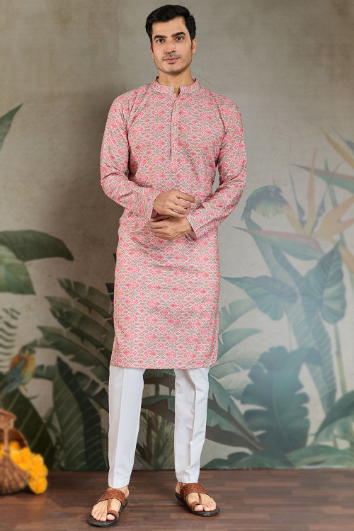 Grey Beige Cotton Men's Kurta Pajama With Printed Work