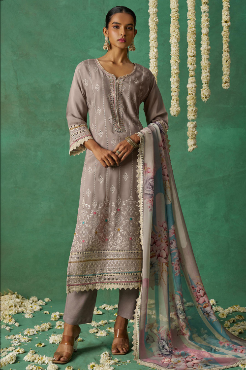 Grey Beige Cotton Silk Beads Straight Cut Trouser Suit