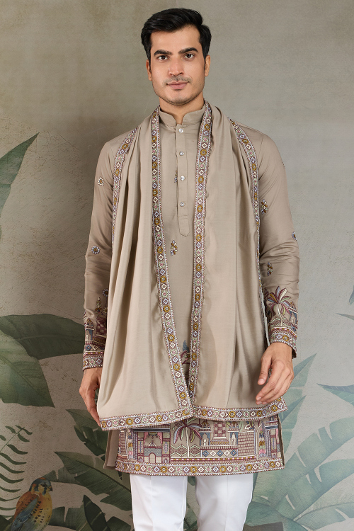 Grey Beige Cotton Silk Men's Kurta With Sequins Work For Festival
