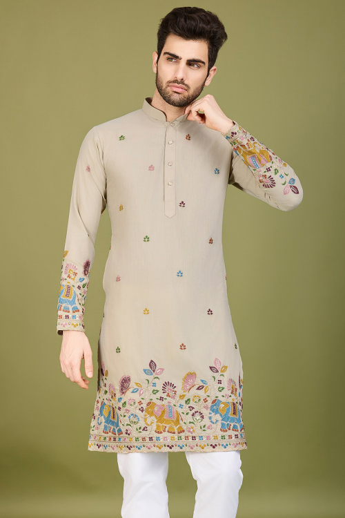 Grey Beige Cotton Silk Men's Kurta With Zari Work For Diwali