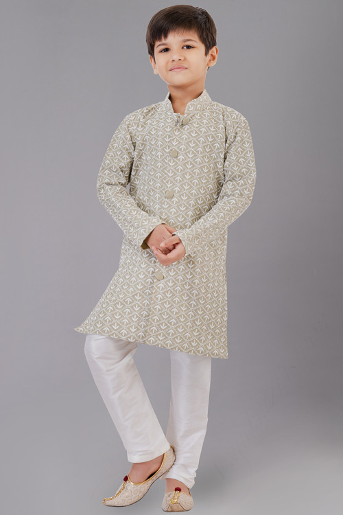 Grey Beige Cotton Silk Straight Cut Kid's Kurta Pajama