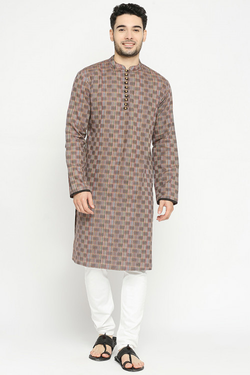 Grey Beige Cotton Weaved Thread Casual Wear Men's Kurta Pajama 