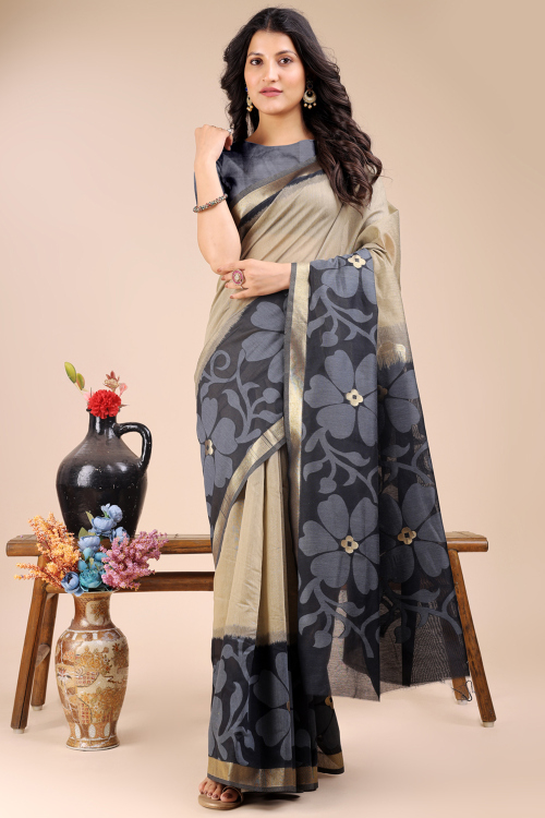Grey Beige Cotton Woven Zari Regional Saree