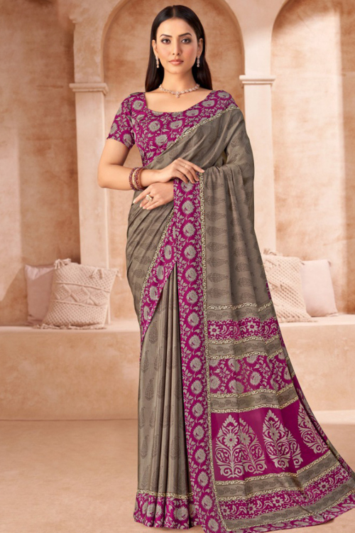 Grey Beige Crepe Printed Casual Wear Saree 