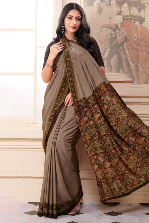 Grey Beige Crepe Printed Light Weight Saree 
