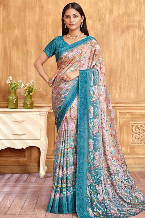 Grey Beige Crepe Printed Light Weight Saree