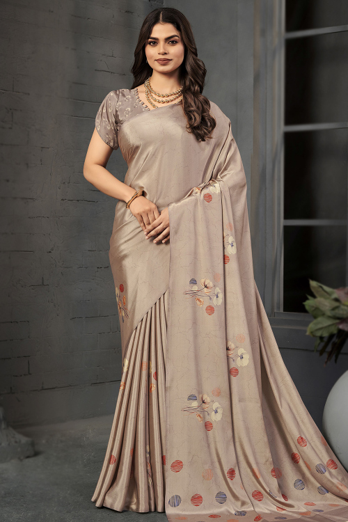 Grey Beige Crepe Saree With Printed Work For Festival