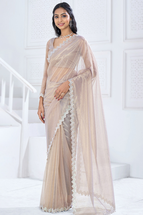 Grey Beige Cutdana Embroidered Organza Silk Saree