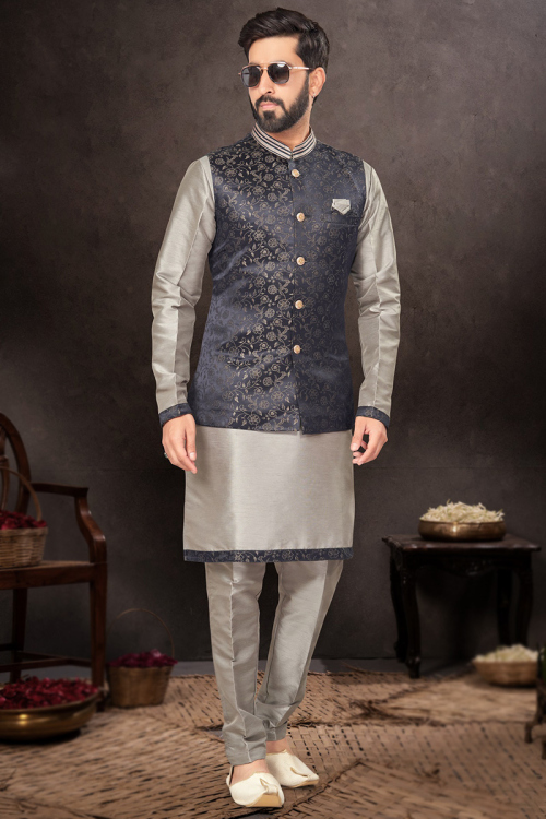 Grey Beige Dupion Silk Men's Kurta Pajama With Woven Zari Jacket