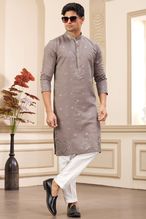 Grey Beige Embroidered Silk Blend Men's Kurta Pajama