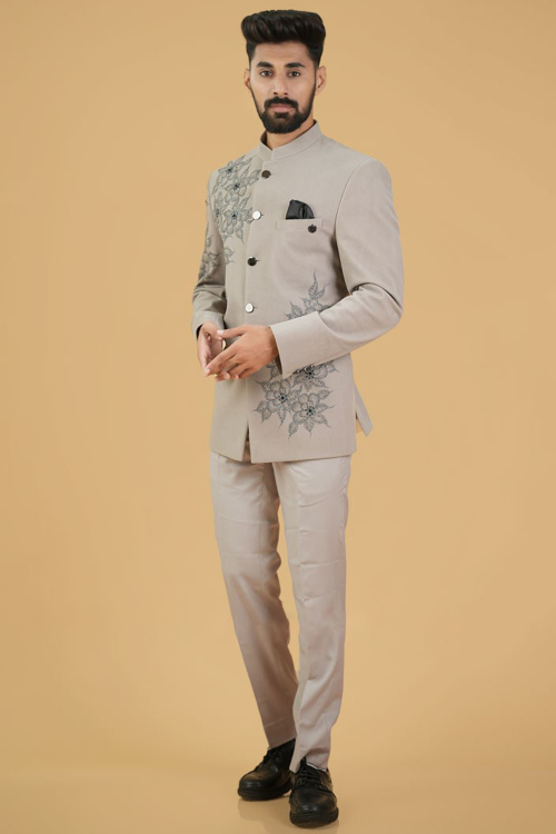 Grey Beige Embroidered Silk Jodhpuri Style Men's Coat Pant