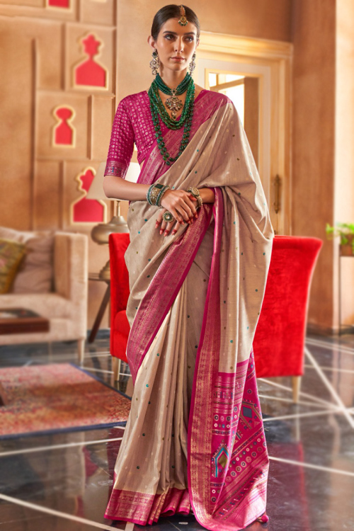 Grey Beige Foil Print Silk Broad Border Saree For Sangeet 