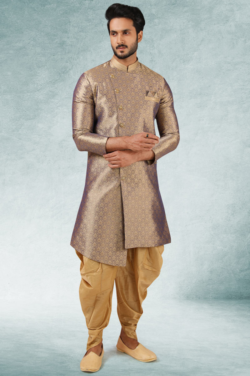 Grey Beige Jacquard Embroidered Men Sherwani