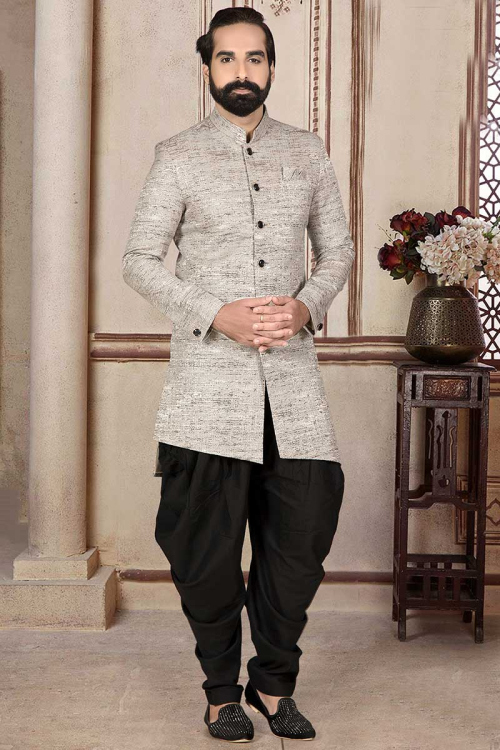 Grey Beige Jacquard Straight Cut Men's Sherwani