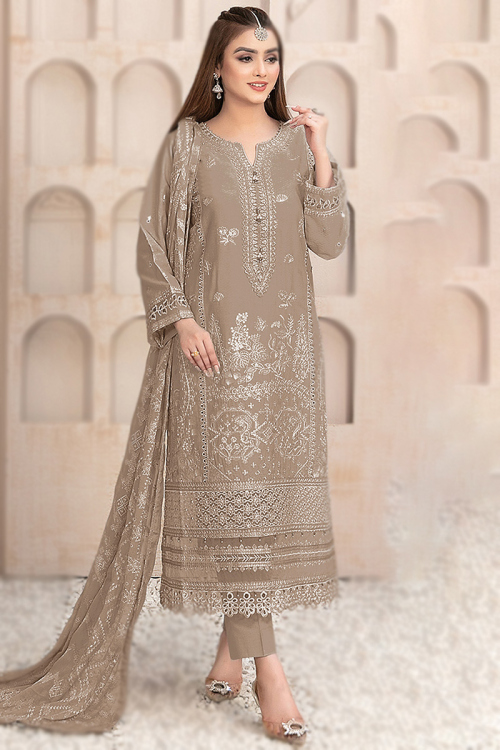 Grey Beige Organza Embroidered Straight Cut Trouser Suit