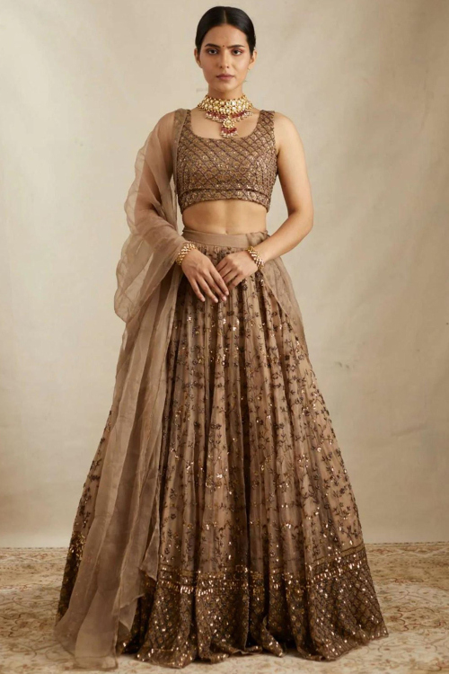 Grey Beige Organza Lehenga With Zari Work For Diwali
