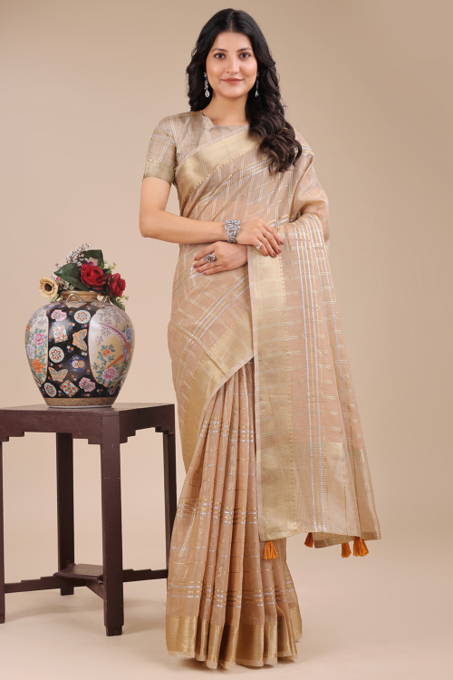 Grey Beige Organza Woven Zari Regional Saree