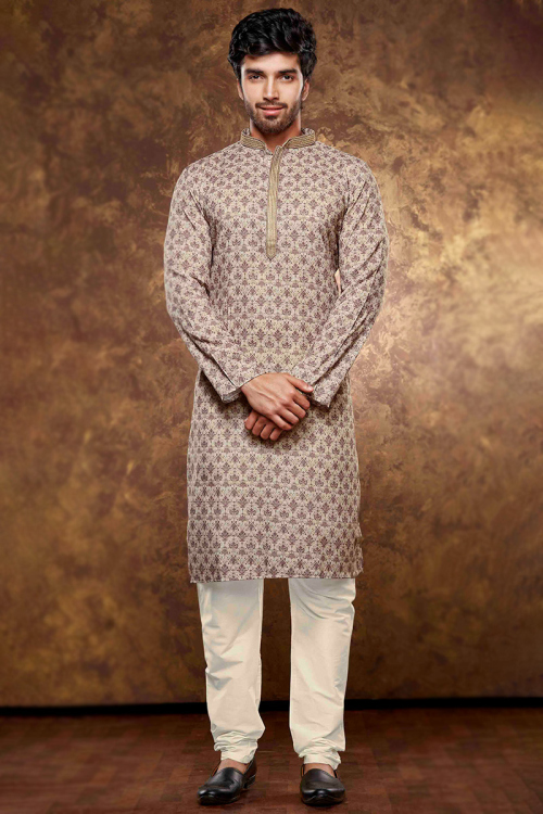 Grey Beige Poly Cotton Printed Straight Cut Men's Kurta Churidar 