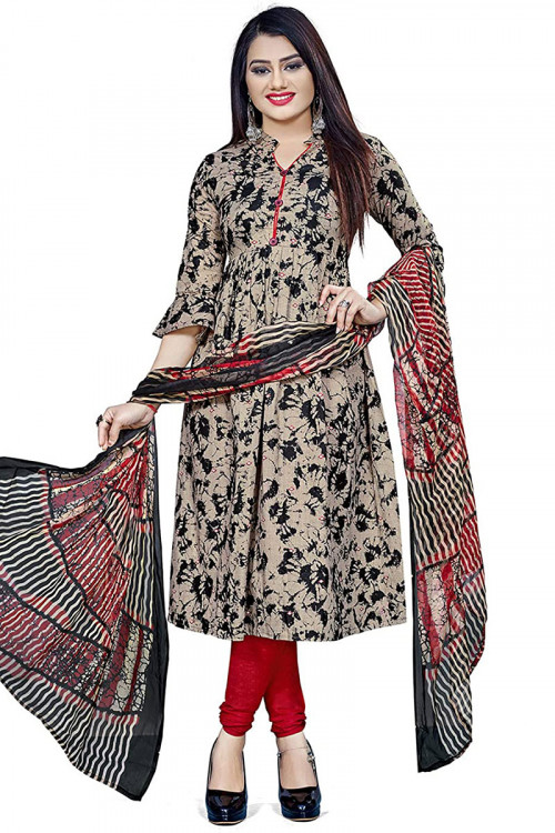Grey Beige Printed Cotton Frock Style Churidar Suit 